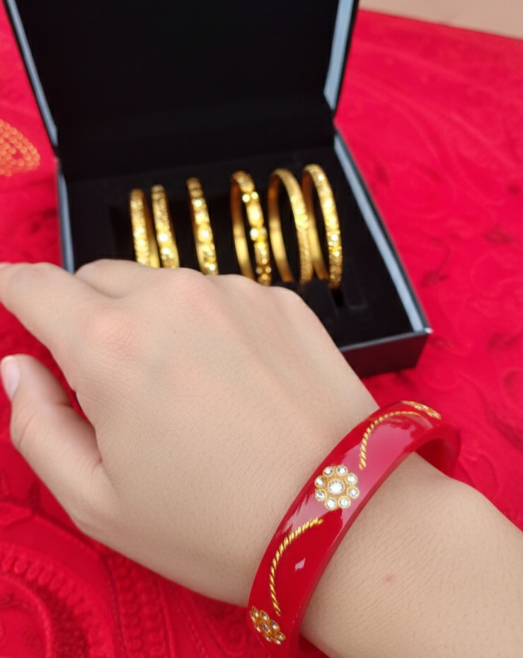 Elegant Ruby Red Gold-Plated Designer Bangles (Set of 2).