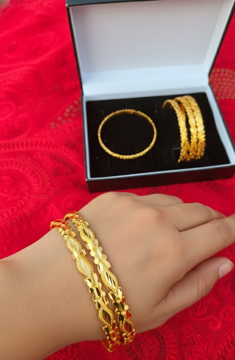 Traditional High-Finish Gold-Look Filigree Bangles (Set of 4)
