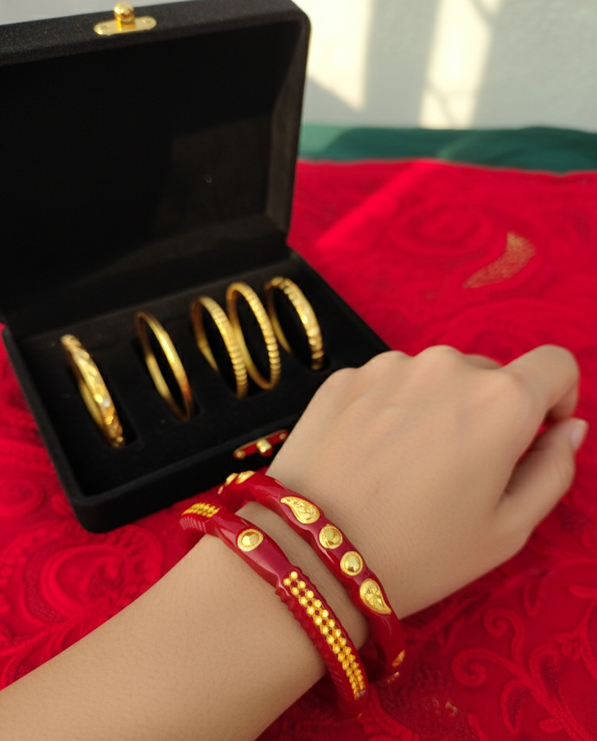 Elegant Gold-Plated Red Pola Bangles – Traditional Artisan Crafted Imitation Kada (Set of 2)