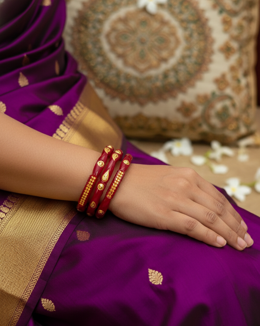 Elegant Gold-Plated Red Pola Bangles – Traditional Artisan Crafted Imitation Kada (Set of 2)