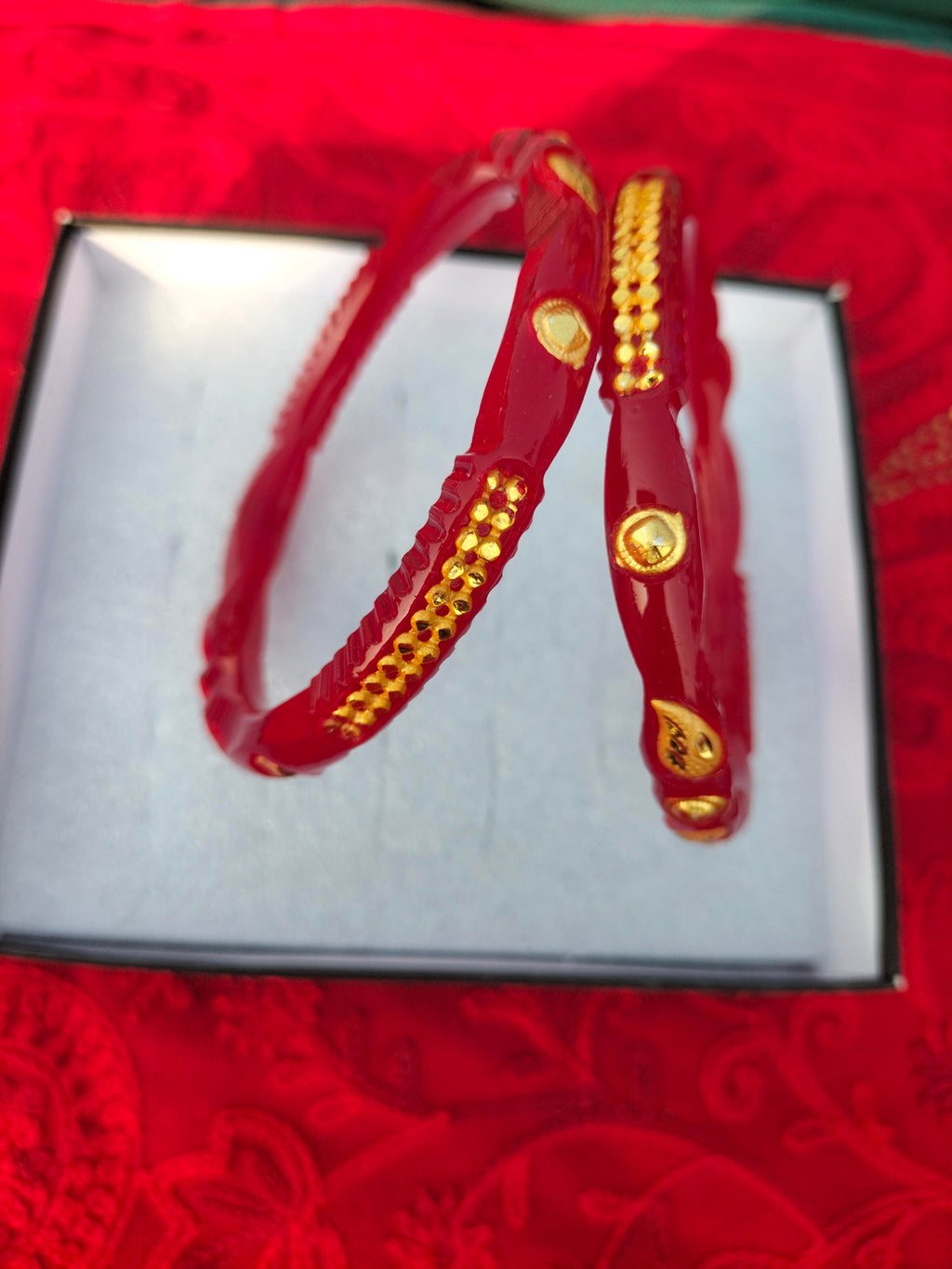Elegant Gold-Plated Red Pola Bangles – Traditional Artisan Crafted Imitation Kada (Set of 2)