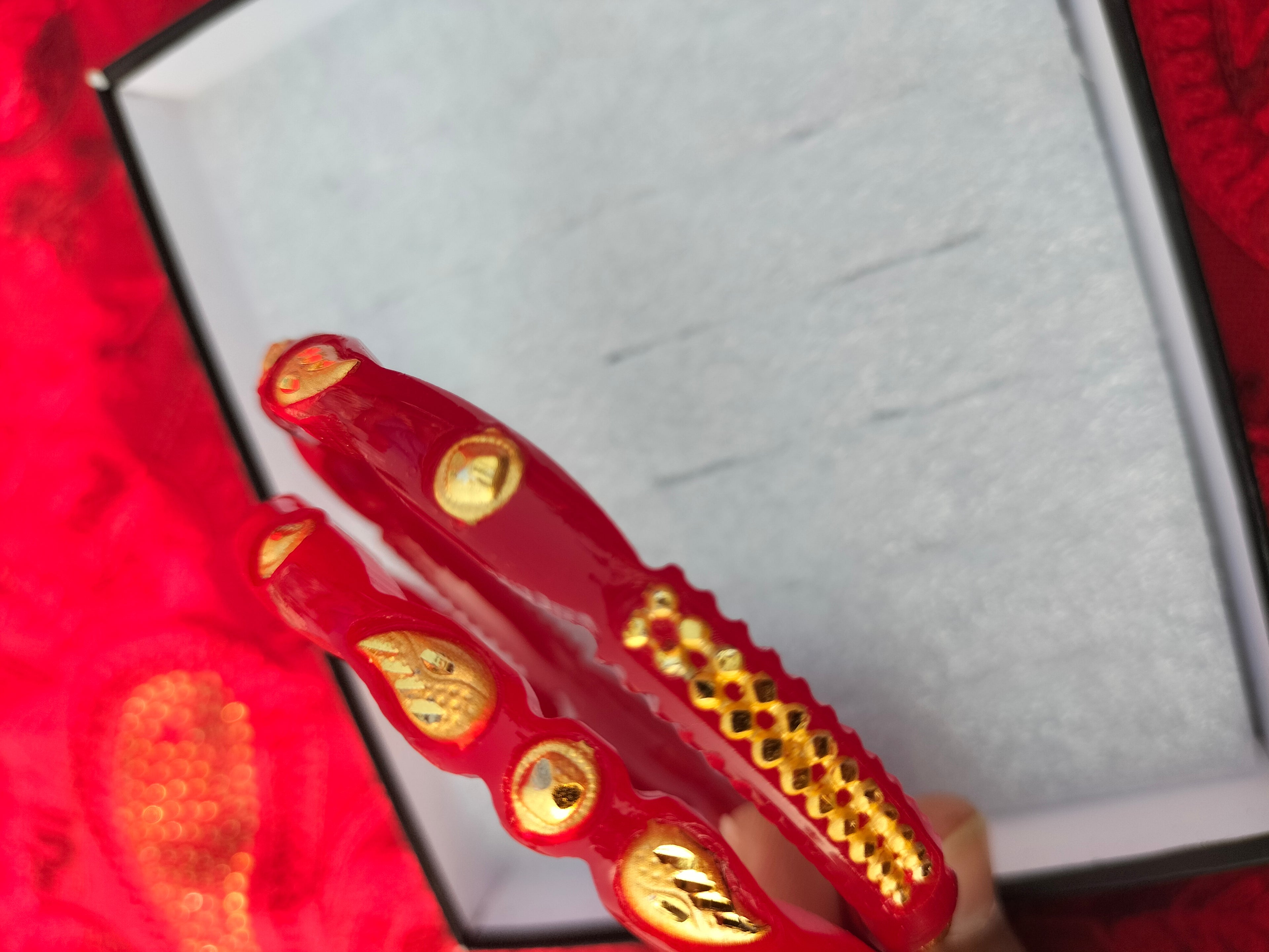 Elegant Gold-Plated Red Pola Bangles – Traditional Artisan Crafted Imitation Kada (Set of 2)